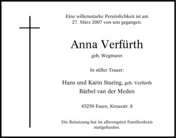 Traueranzeige von Anna Verfürth von Tageszeitung