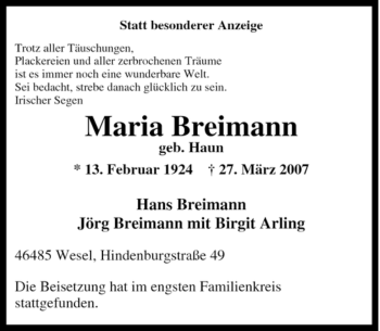 Traueranzeige von Maria Breimann von Tageszeitung