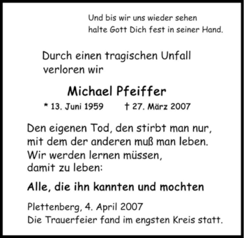 Traueranzeige von Michael Pfeiffer von Tageszeitung