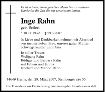 Traueranzeige von Inge Rahn von Tageszeitung