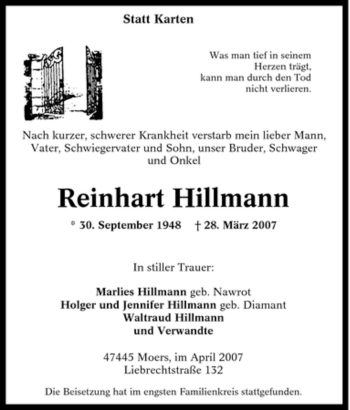 Traueranzeige von Reinhart Hillmann von Tageszeitung