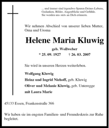 Traueranzeige von Helene Maria Kluwig von Tageszeitung