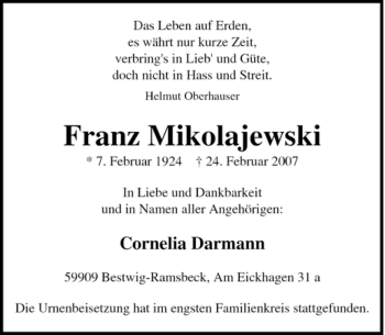 Traueranzeige von Franz Mikolajewski von Tageszeitung