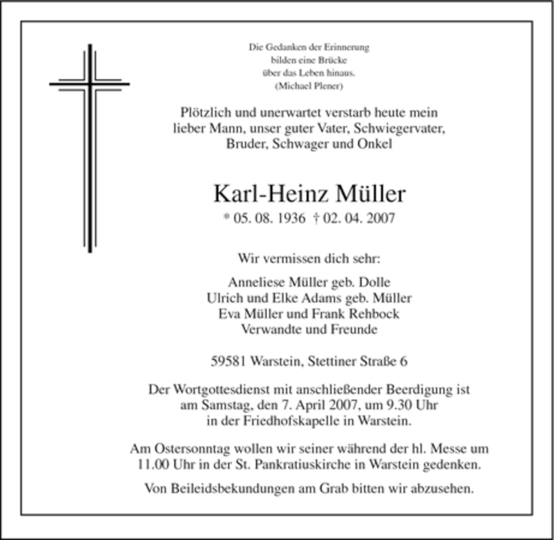  Traueranzeige für Karl-Heinz Müller vom 04.04.2007 aus Tageszeitung