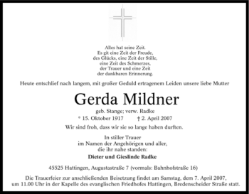 Traueranzeige von Gerda Mildner von Tageszeitung