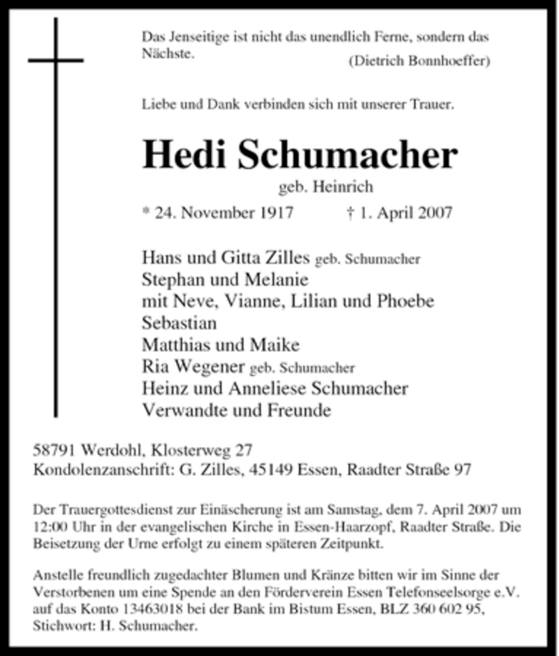  Traueranzeige für Hedi Schumacher vom 04.04.2007 aus Tageszeitung