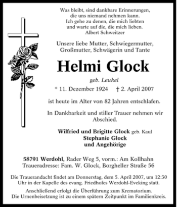 Traueranzeige von Helmi Glock von Tageszeitung