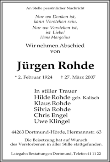 Traueranzeige von Jürgen Rohde von Tageszeitung