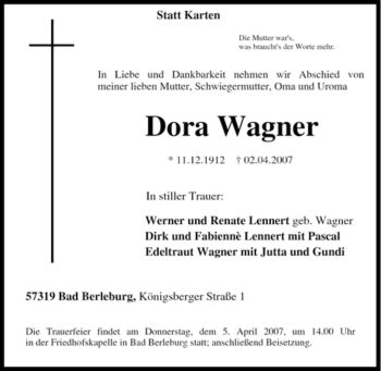 Traueranzeige von Dora Wagner von Tageszeitung