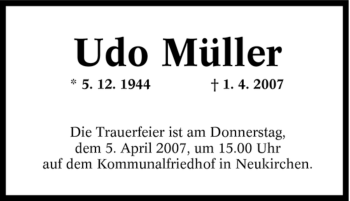 Traueranzeige von Udo Müller von Tageszeitung