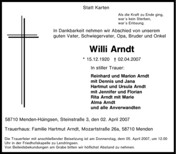 Traueranzeige von Willi Arndt von Tageszeitung