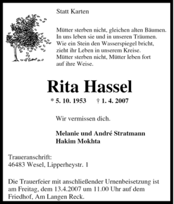 Traueranzeige von Rita Hassel von Tageszeitung