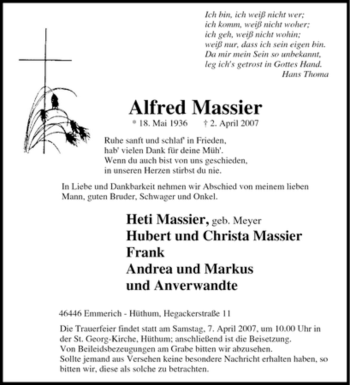 Traueranzeige von Alfred Massier von Tageszeitung