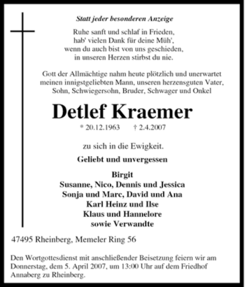 Traueranzeige von Detlef Kraemer von Tageszeitung