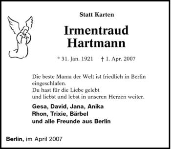 Traueranzeige von Irmentraud Hartmann von Tageszeitung