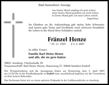 Traueranzeige von Fränzel Henze von Tageszeitung