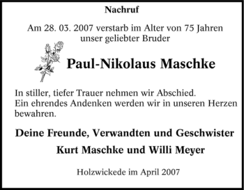 Traueranzeige von Paul-Nikolaus Maschke von Tageszeitung