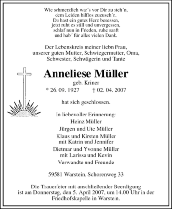 Traueranzeige von Anneliese Müller von Tageszeitung