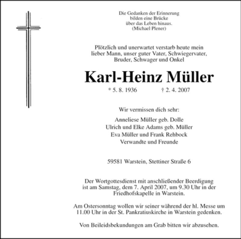 Traueranzeige für Karl-Heinz Müller vom 04.04.2007 aus Tageszeitung