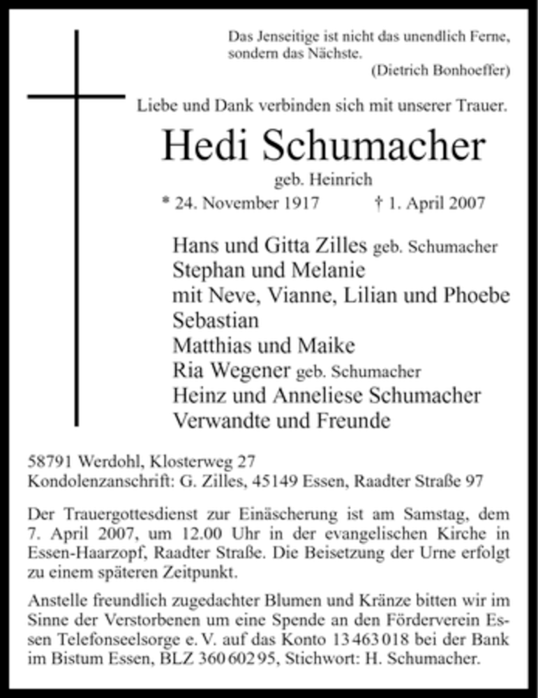  Traueranzeige für Hedi Schumacher vom 04.04.2007 aus Tageszeitung
