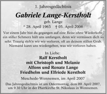 Traueranzeige von Gabriele Lange-Kerstholt von Tageszeitung