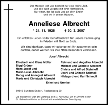 Traueranzeige von Anneliese Albrecht von Tageszeitung