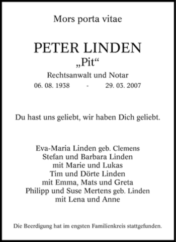 Traueranzeige von Peter Linden von Tageszeitung