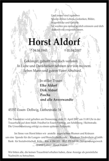 Traueranzeige von Horst Aldorf von Tageszeitung