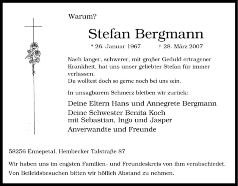  Traueranzeige für Stefan Bergmann vom 05.04.2007 aus Tageszeitung