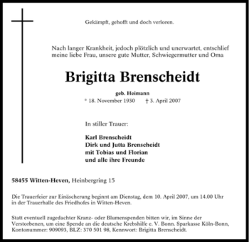 Traueranzeige von Brigitta Brenscheidt von Tageszeitung