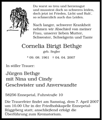 Traueranzeige von Cornelia Birigt Bethge von Tageszeitung
