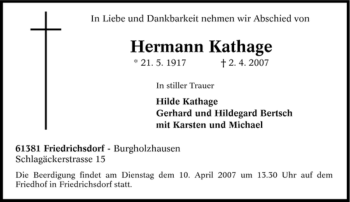 Traueranzeige von Hermann Kathage von Tageszeitung