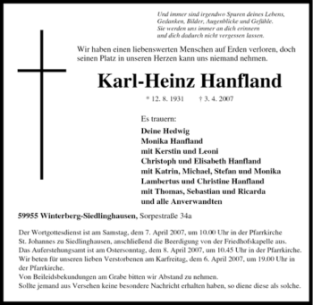 Traueranzeige von Karl-Heinz Hanfland von Tageszeitung