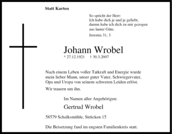 Traueranzeige von Johann Wrobel von Tageszeitung