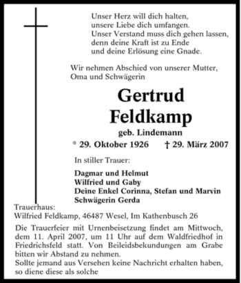 Traueranzeige von Gertrud Feldkamp von Tageszeitung