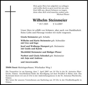 Traueranzeige von Wilhelm Steinmeier von Tageszeitung