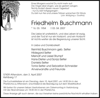 Traueranzeige von Friedhelm Buschmann von Tageszeitung