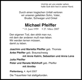 Traueranzeige von Michael Pfeiffer von Tageszeitung