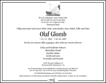 Traueranzeige von Olaf Glomb von Tageszeitung