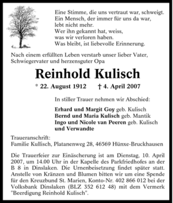 Traueranzeige von Reinhold Kulisch von Tageszeitung