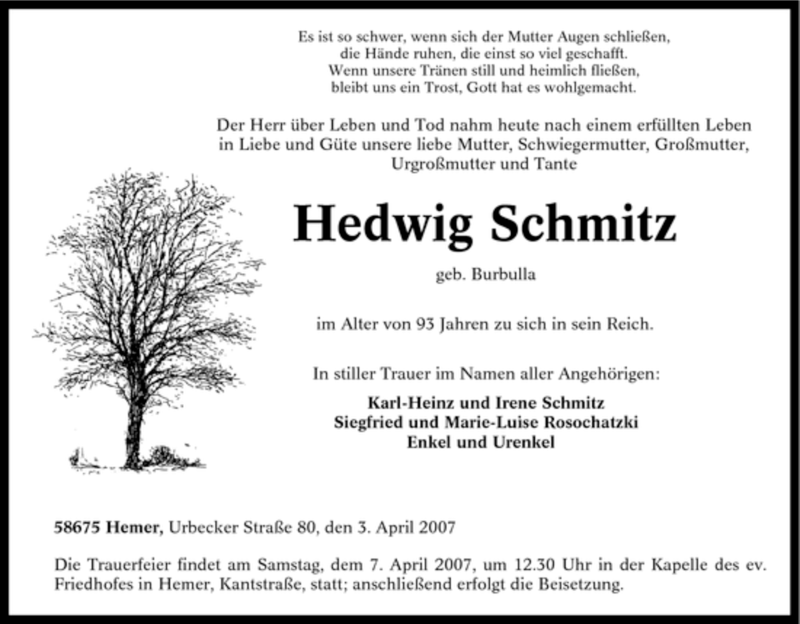 Traueranzeige für Hedwig Schmitz vom 05.04.2007 aus Tageszeitung