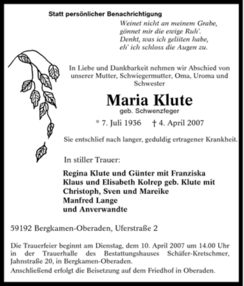 Traueranzeige von Maria Klute von Tageszeitung
