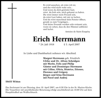 Traueranzeige von Erich Herrmann von Tageszeitung