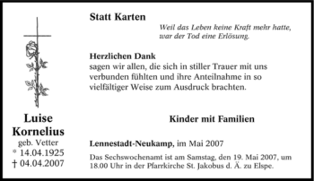 Traueranzeige von Luise Kornelius von Tageszeitung