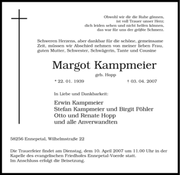 Traueranzeige von Margot Kampmeier von Tageszeitung
