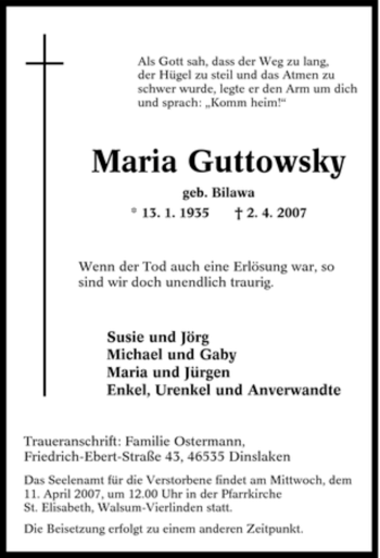 Traueranzeige von Maria Guttowsky von Tageszeitung