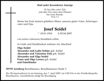 Traueranzeige von Josef Seidel von Tageszeitung