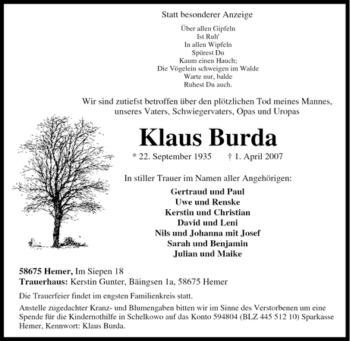 Traueranzeige von Klaus Burda von Tageszeitung
