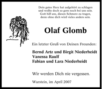 Traueranzeige von Olaf Glomb von Tageszeitung