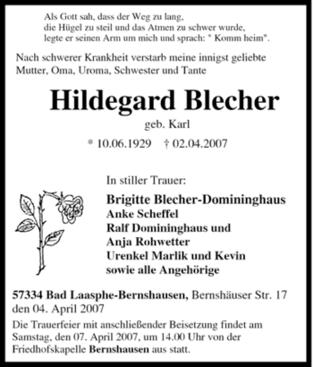 Traueranzeige von Hildegard Blecher von Tageszeitung